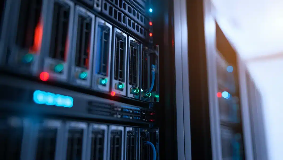 A close-up view of high-density server racks in an AI data center, glowing LED indicators and cooling tubes visible, equipment stacked vertically to maximize power density, blue and red light from monitoring systems reflecting off metal surfaces, precision engineering | AI server rack cooling system
