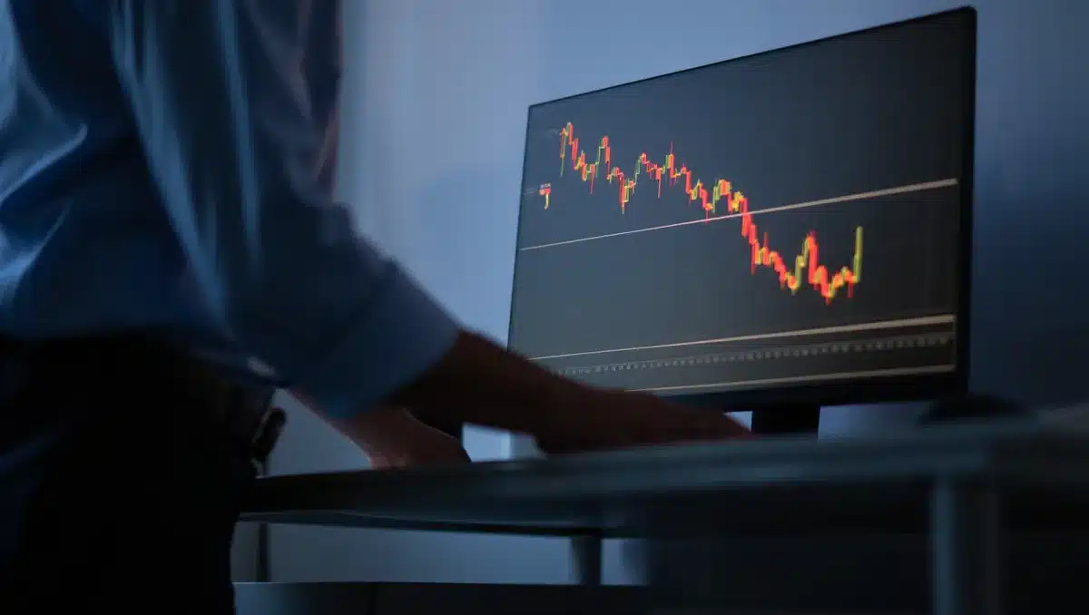 Downward stock chart displayed on a glowing screen in a dark trading room, candlestick patterns in red decline, financial data streams blur past, tension | stock market decline chart