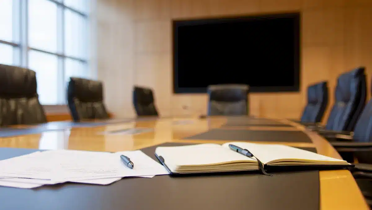 A conference room with empty chairs facing a dark, blank presentation screen, sunlight casting long shadows across polished wood table, papers and pens scattered, uncertainty | empty boardroom meeting