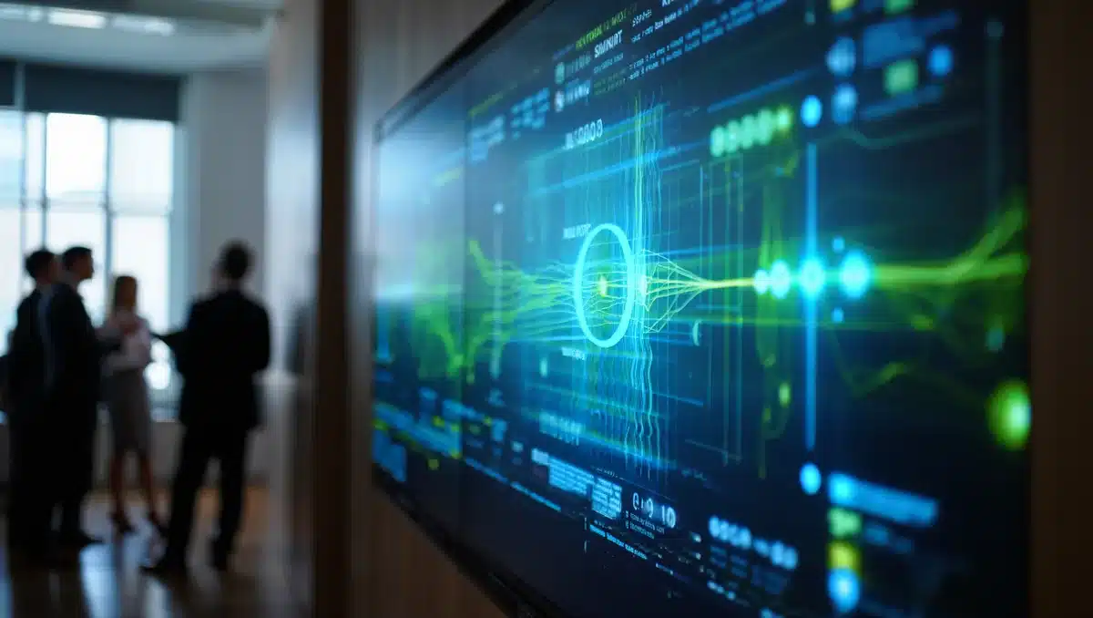 Abstract visualization of interconnected financial nodes and data flows in blue and green light, representing circular financing structures and complex AI infrastructure funding models | financial technology circular economy