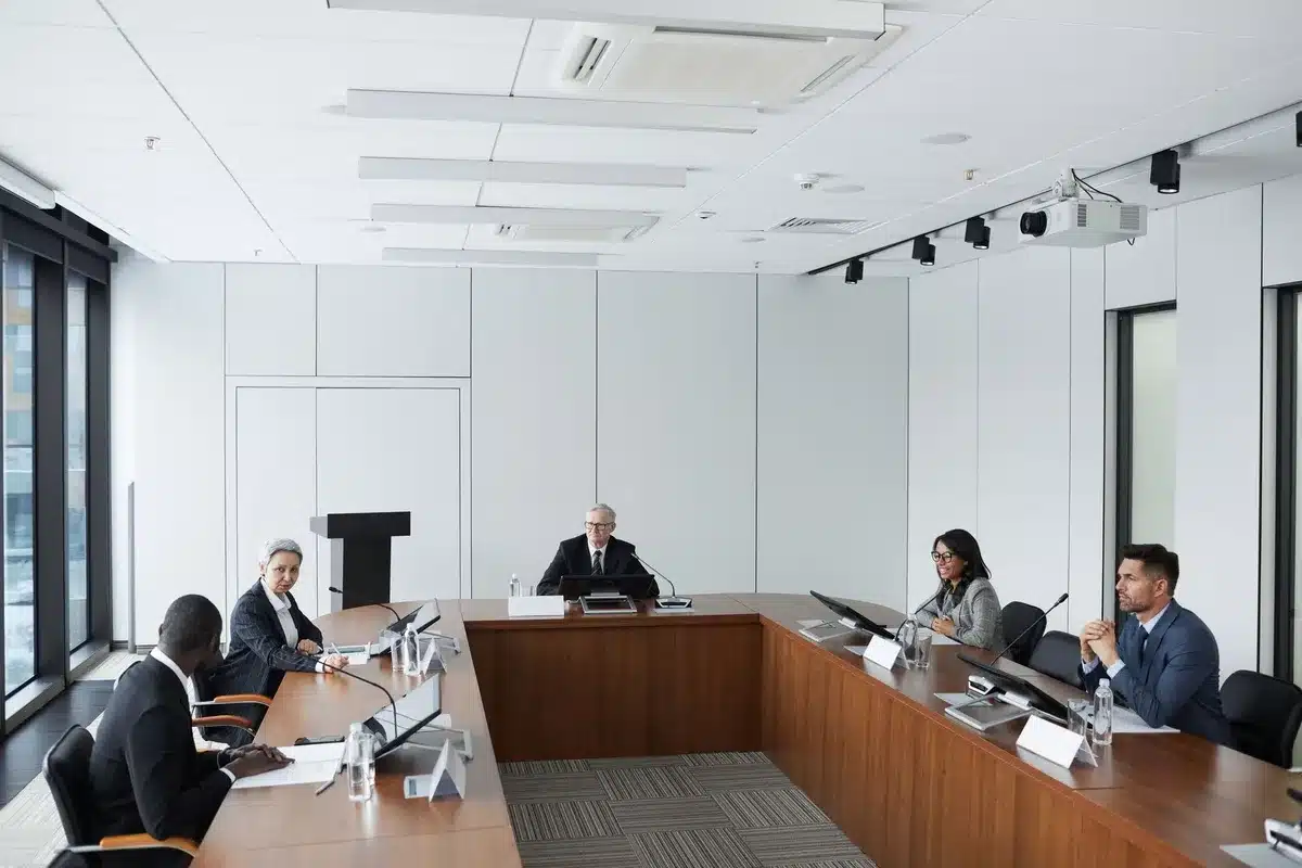 A formal municipal hearing room with empty judicial appointment committee chairs arranged in rows, soft institutional lighting illuminating the mahogany table and seal of office, one vacant seat prominently featured in the foreground, conveying institutional gravity.