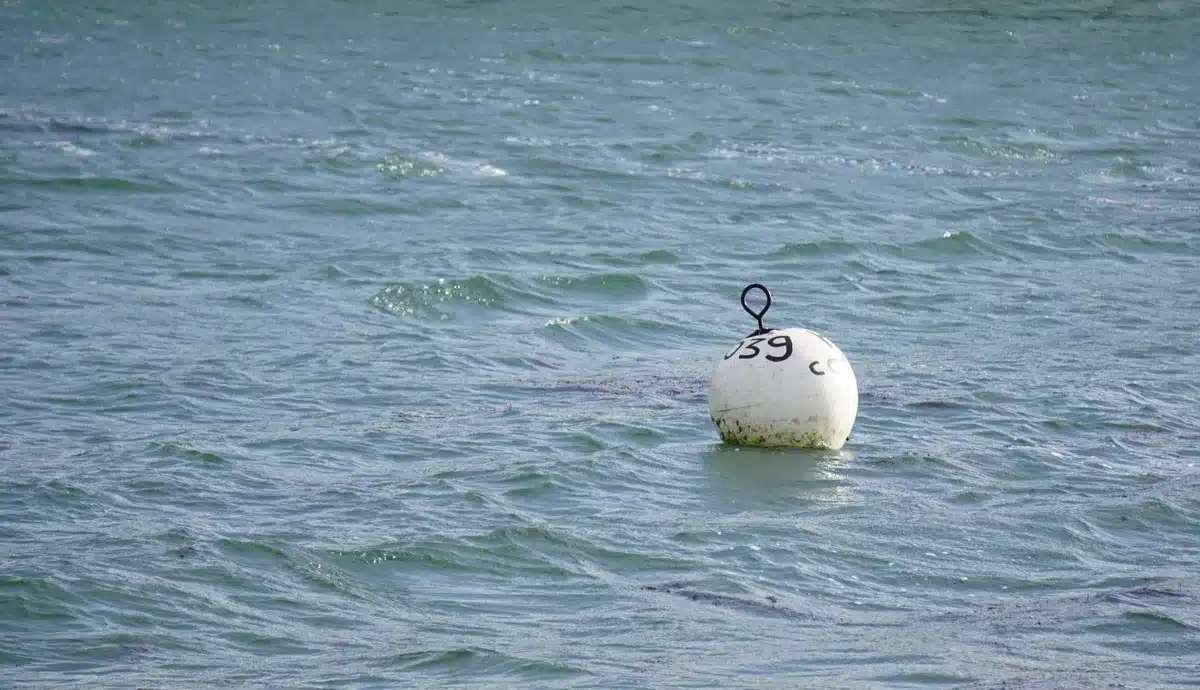 A naval mine lies half-submerged in dark water, its metal spikes silhouetted against a sunset over a calm sea, suggesting danger lurking beneath shipping lanes