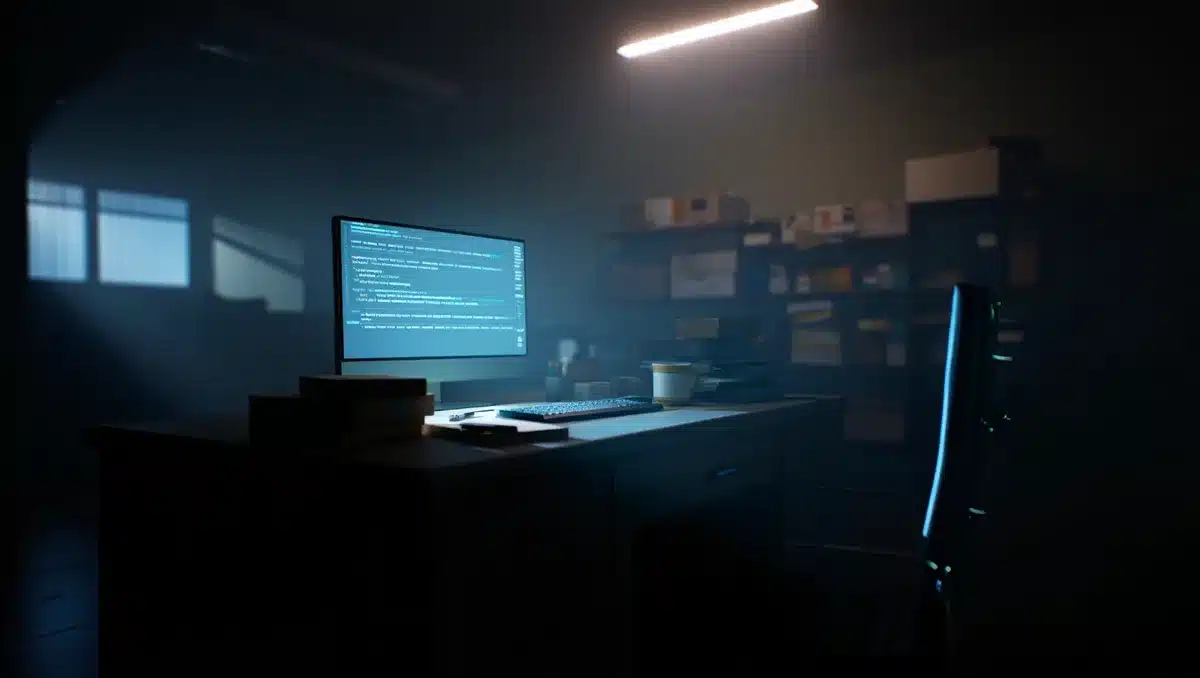 A computer screen displaying code or financial data in a dimly lit office, representing the digital crime infrastructure | cybercrime digital fraud