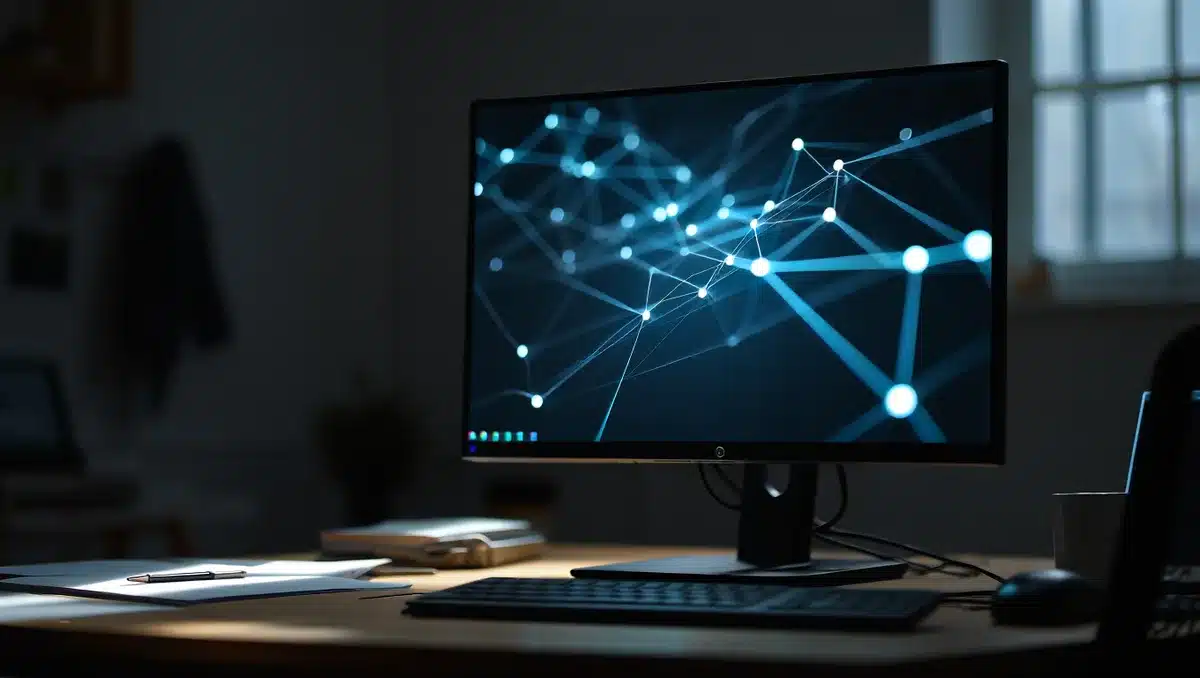 Digital currency symbols and blockchain network visualization with glowing nodes and connections, representing stablecoin infrastructure and payment rails | blockchain stablecoin network