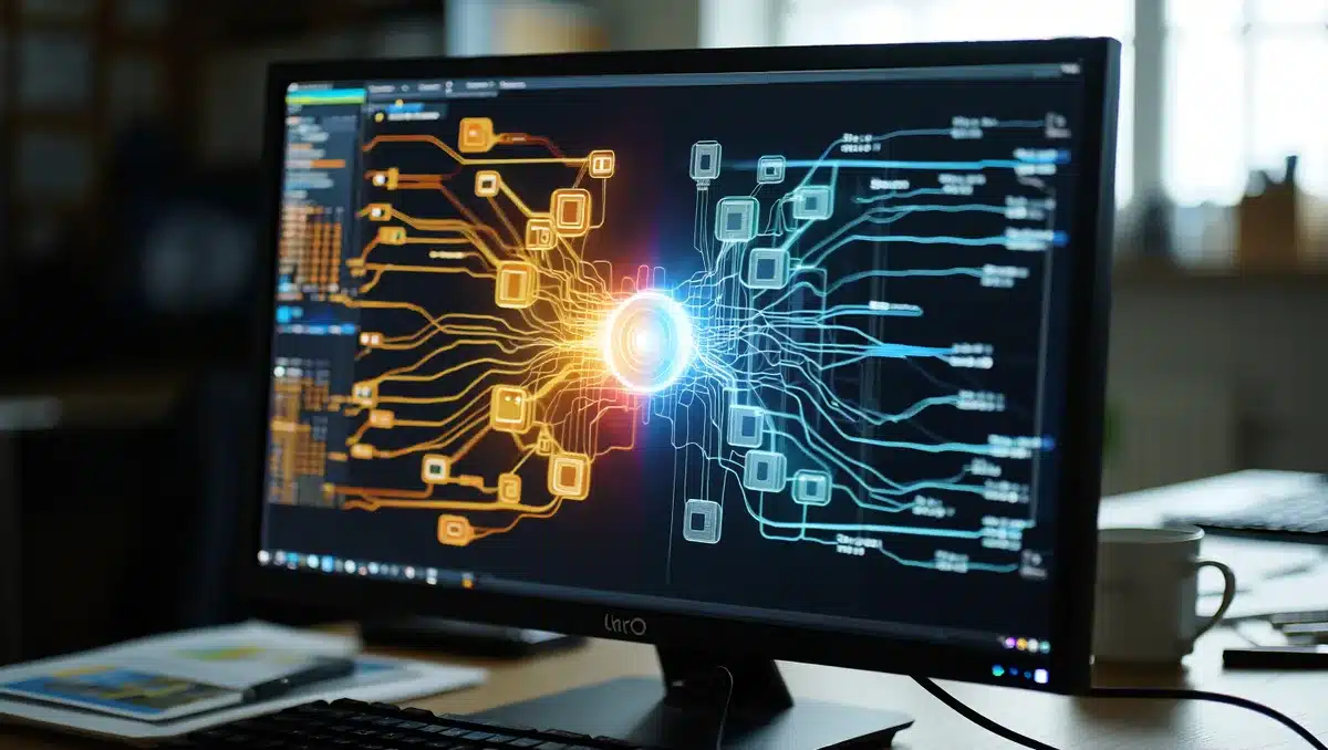 A split-screen visualization showing interconnected nodes and pathways representing different computing architectures (CPU, GPU, NPU clusters) unified through a central software layer, with flowing data streams in warm and cool tones | AI compute platform architecture