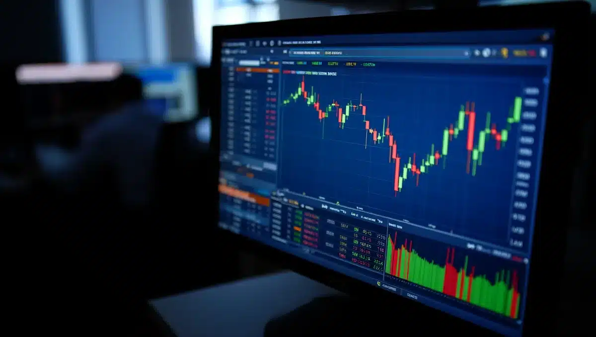 A stock trading screen displaying real-time market data and earnings charts, with candlestick patterns and percentage changes highlighted in green and red | earnings report stock market chart