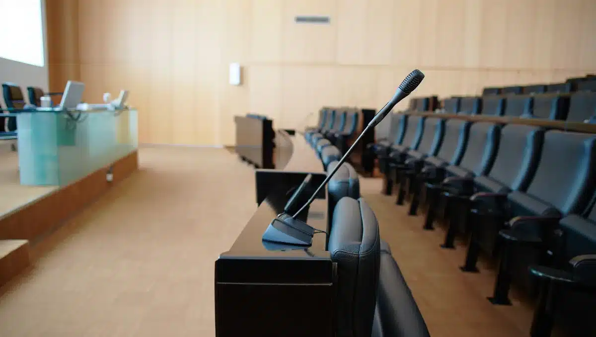 A conference room with microphones and presentation equipment set up for a corporate earnings call, with soft lighting and an empty chair at the podium | earnings conference call setup