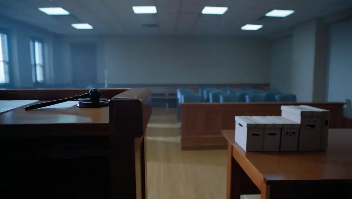 A federal courtroom with empty judge's bench and sealed filing boxes on a wooden table, cool fluorescent light casting sharp shadows, a gavel resting on the bench &mdash; tension.