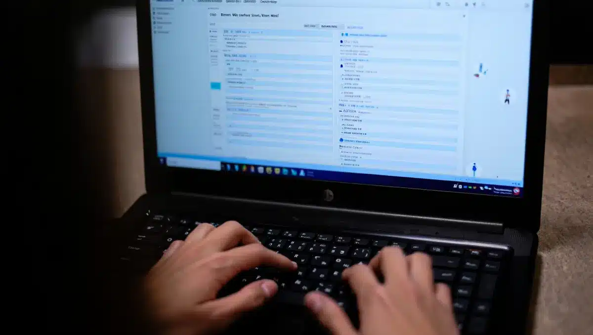 A laptop screen displaying a state voter database interface with redacted personal information fields, cool blue light on an anonymous user's hands hovering over the keyboard, soft focus on security icons &mdash; power.