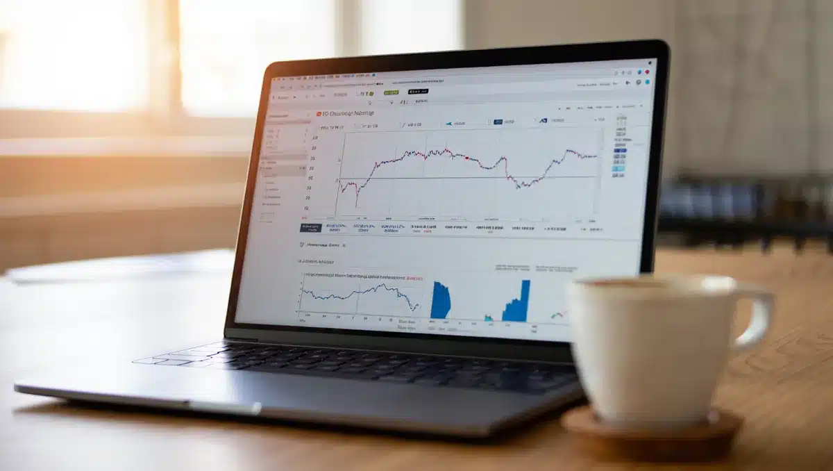 A laptop screen displaying financial charts and earnings data, with a coffee cup beside it on a desk, soft office lighting | earnings report analysis desktop