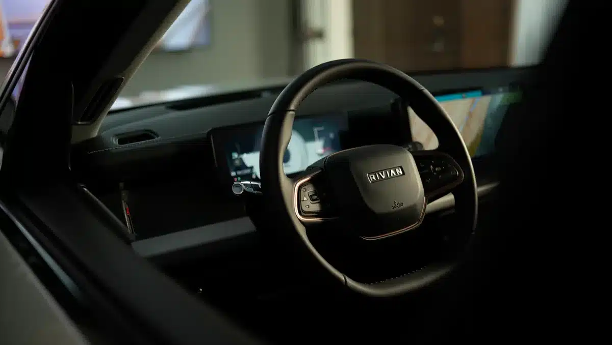 Close-up of Rivian R2 interior dashboard and steering wheel in showroom lighting, modern minimalist design with glowing display screens | electric vehicle interior
