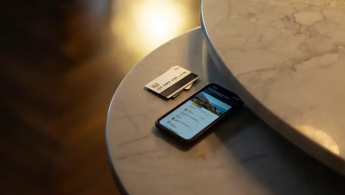A premium metal credit card with platinum plating resting on a marble surface, catching light to highlight its weight and luxury material, next to a smartphone displaying travel or dining rewards | platinum credit card luxury