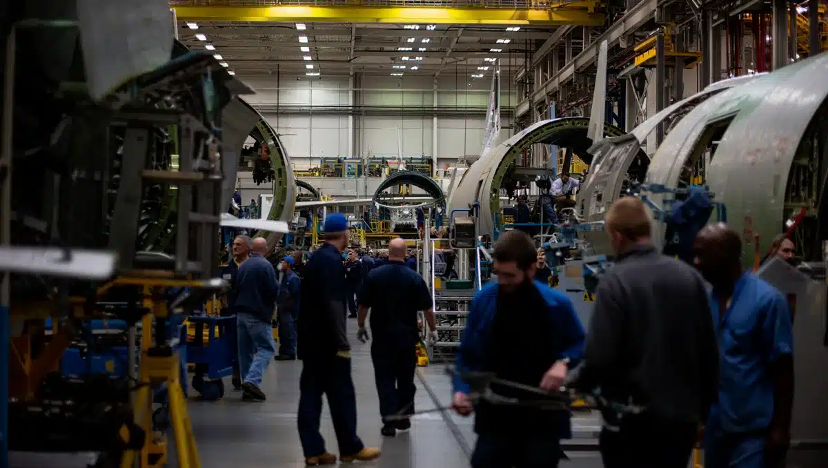 Aerospace and defense manufacturing floor with aircraft fuselage sections under assembly, precision equipment and workers in motion, industrial facility lighting | defense manufacturing production