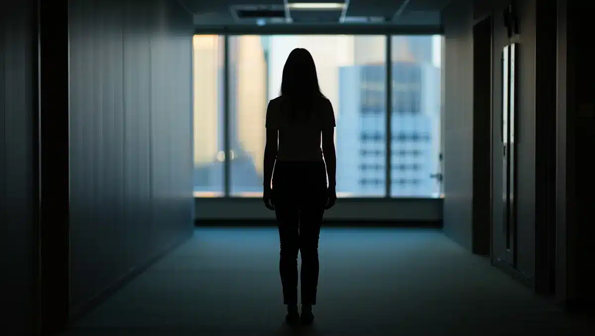 A woman's silhouette standing in a dimly lit office hallway, city lights blurred in the background through windows, tension and secrecy in the composition | office hallway scandal