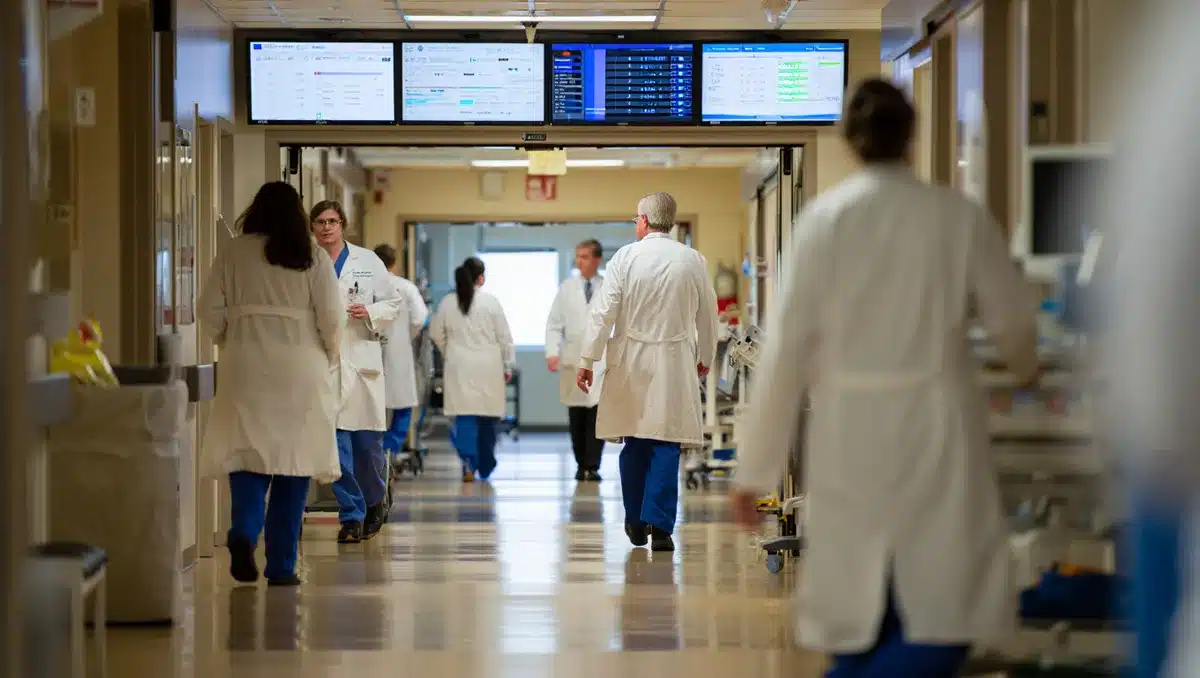 Hospital corridor with digital screens showing patient care data | Healthcare technology integration