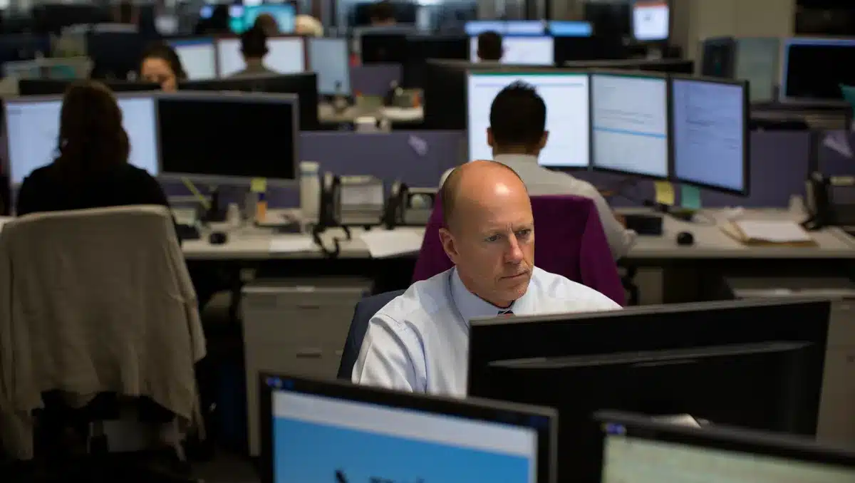 A busy corporate office with multiple workstations and monitors, employees at desks focused on screens, soft fluorescent lighting, a sense of routine professional activity, no recognizable individuals