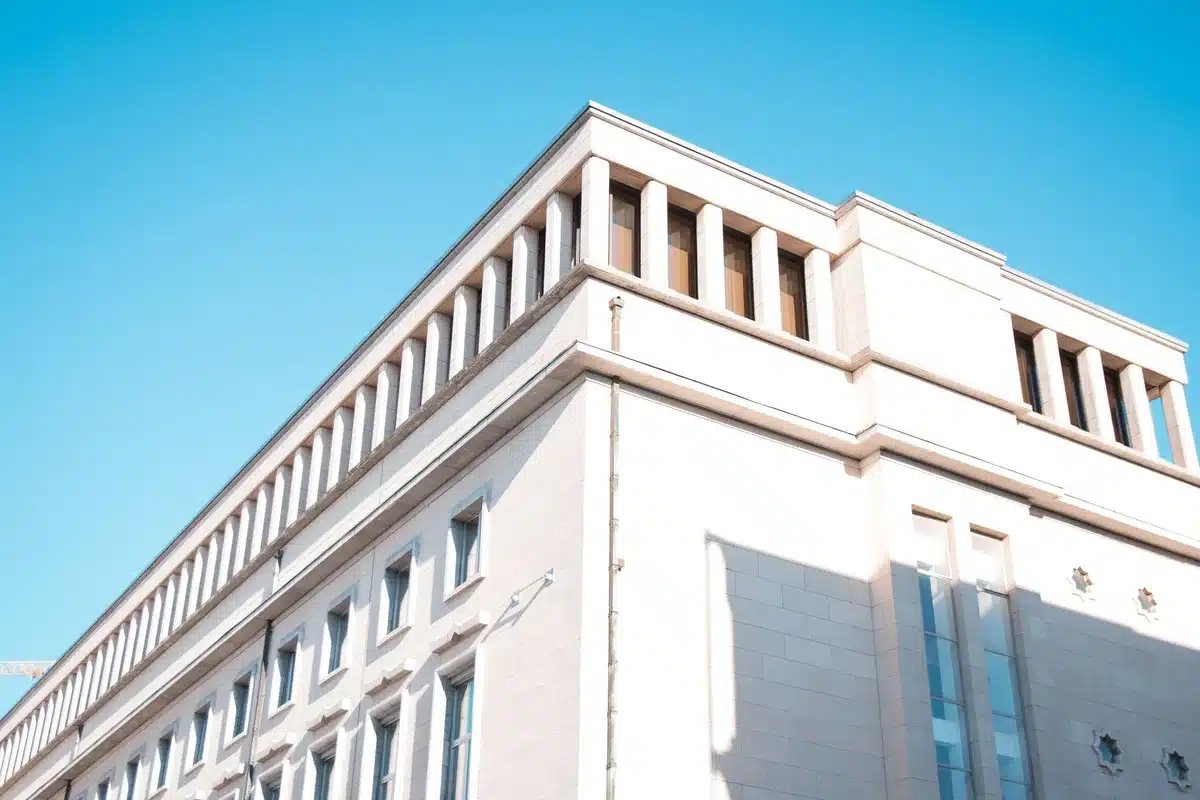 Pentagon building exterior at dusk with illuminated facade