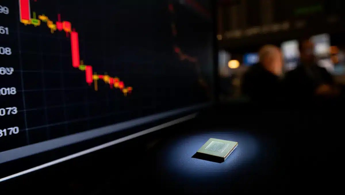 A stock market display showing red candlesticks and declining price charts, with a semiconductor chip in sharp focus catching harsh light against a darkened trading floor background | semiconductor stock crash chart