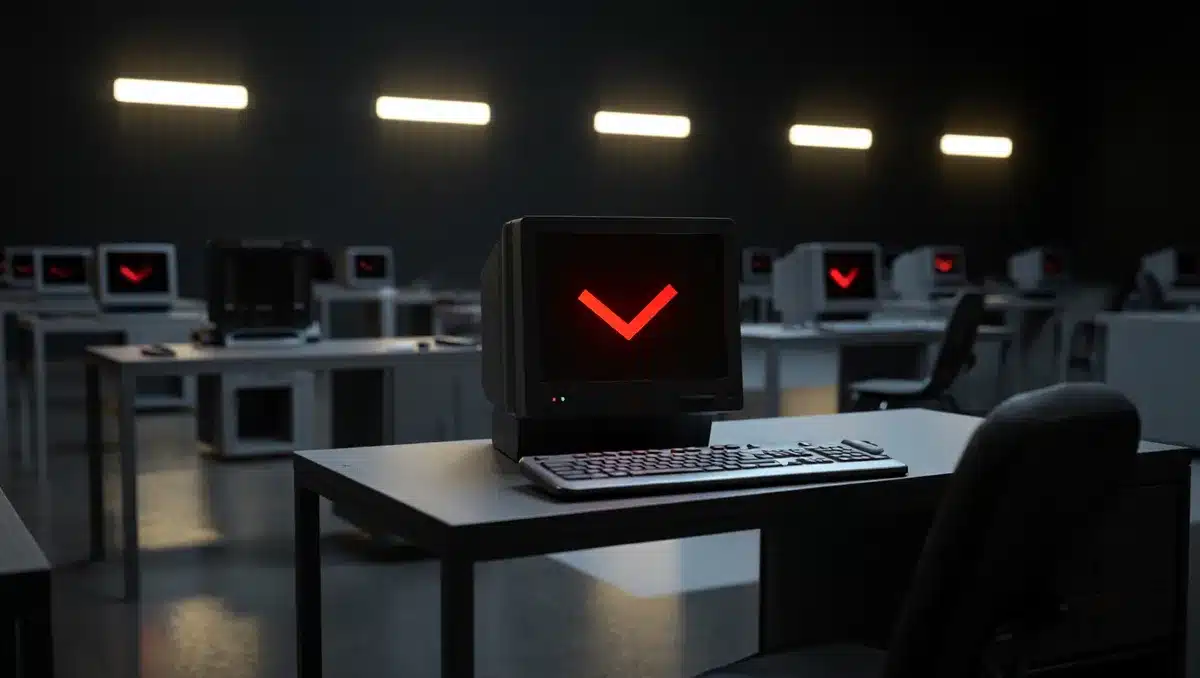 An empty trading floor with abandoned desks and a single red downward arrow symbol on a dark screen, fluorescent lights casting harsh shadows across the space | abandoned trading floor market decline