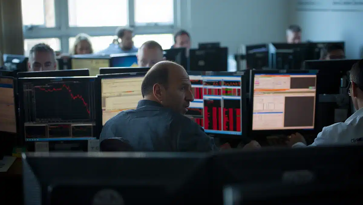 Stock market trading floor with red price tickers and declining chart lines on screens | memory chip stock market decline