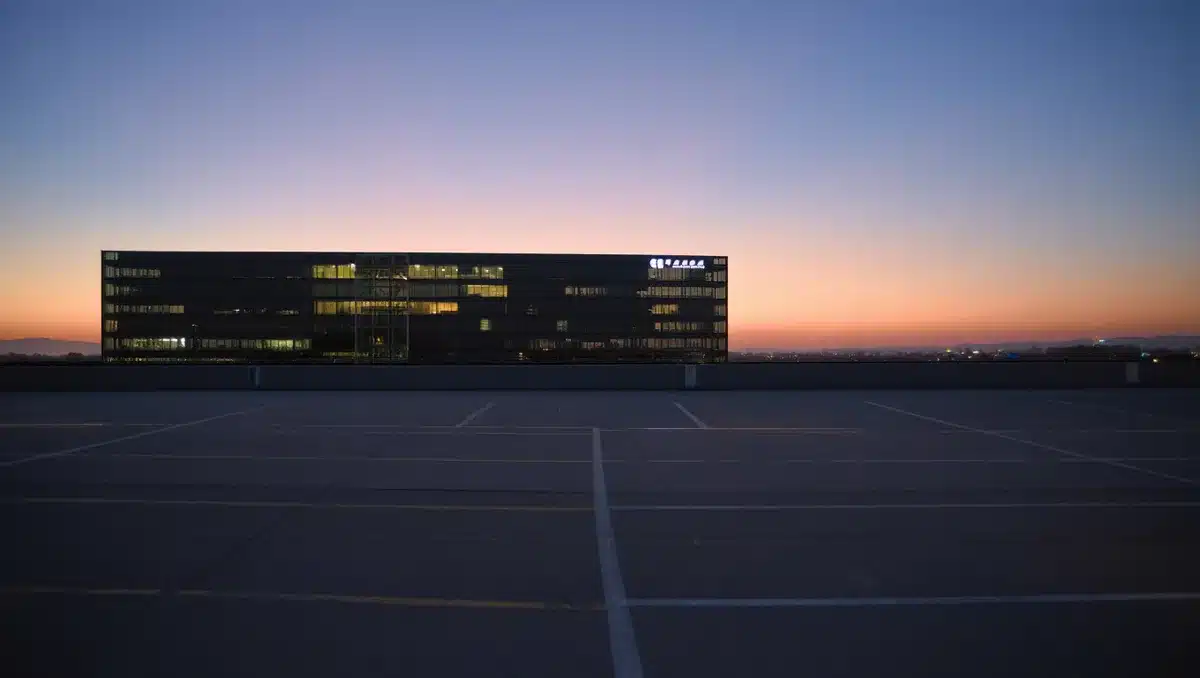 Corporate headquarters building exterior at dusk with dimmed lights and empty parking lot | semiconductor company uncertainty