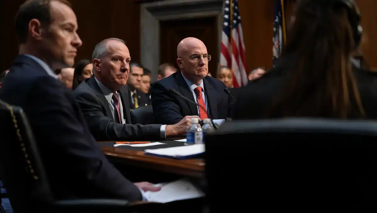 Congressional hearing room with security officials testifying at a table, formal Capitol building setting with flags, serious expressions focused on protective operations | security briefing congress