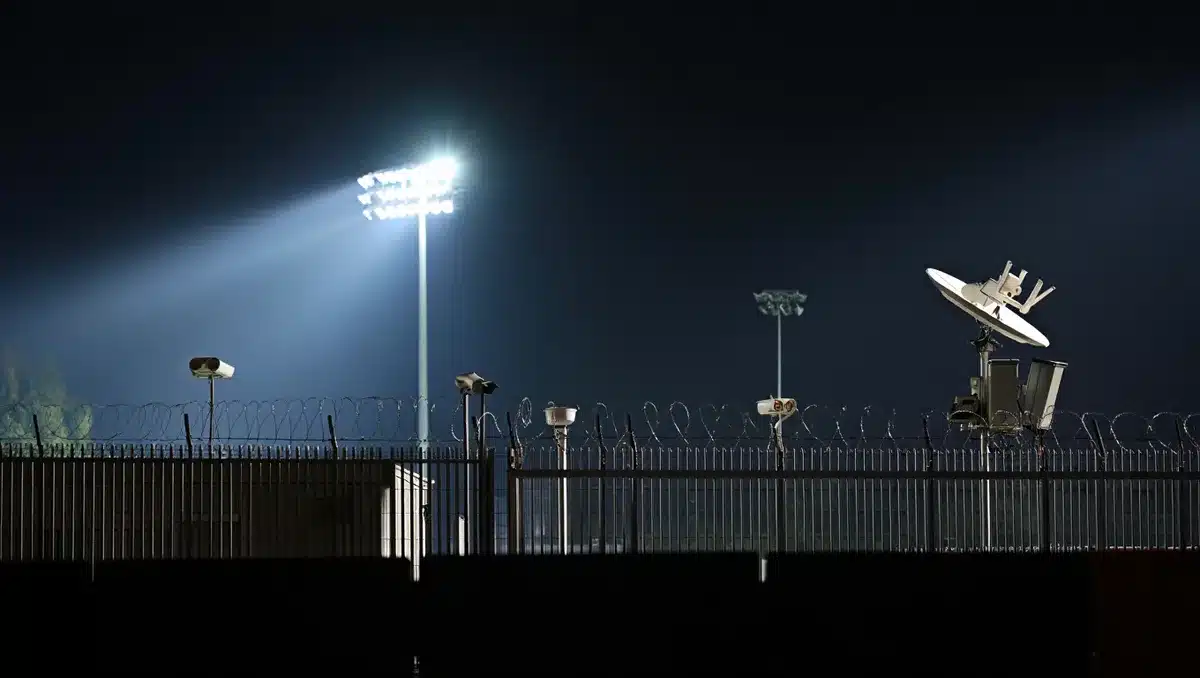 Nighttime outdoor security perimeter with surveillance equipment silhouetted against stadium lights, detection technology and counter-measures visible, protective barrier setup | drone detection security