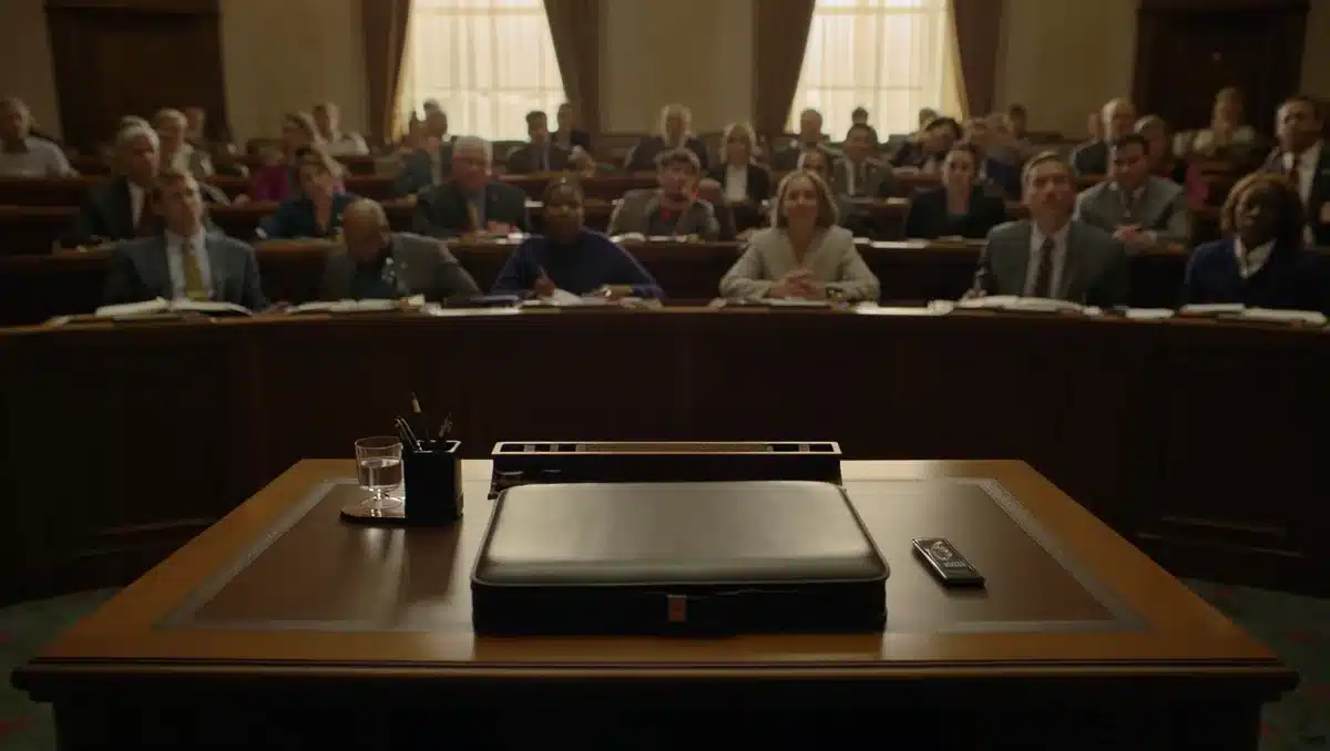 A tense Senate chamber with empty majority leader's desk, late afternoon light filtering through high windows, tension in the air | Senate chamber debate