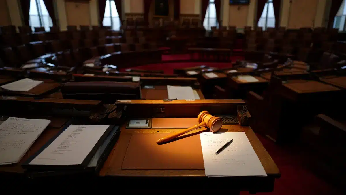 Empty Senate floor after hours, with scattered papers and notebooks on desks, a single gavel catching late light | Senate empty chamber