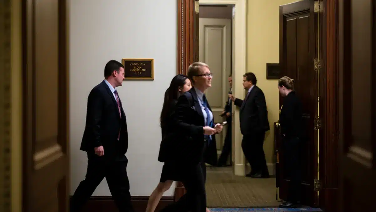 Congressional hallway with committee room doors and staff moving between offices | Congress appropriations committee