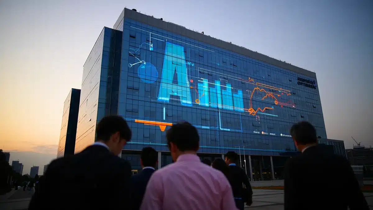 Enterprise software company headquarters with glowing AI data visualization on building facade at dusk, representing AI-driven business transformation and digital momentum | AI business transformation
