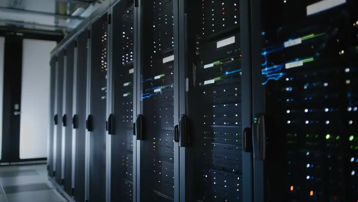 Data center server room with AI workload indicators and network activity visualization, representing enterprise-scale AI infrastructure deployment and computational demand | enterprise AI infrastructure