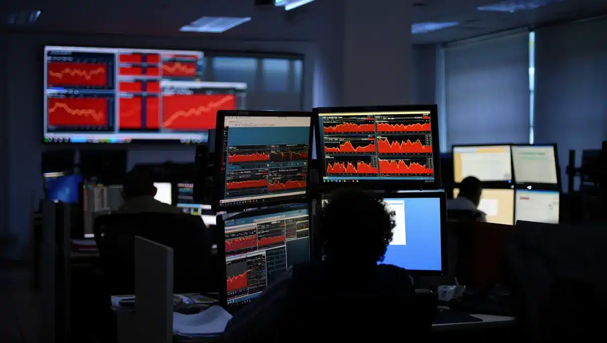 A trading floor with multiple screens displaying red market charts and declining stock tickers, urgent energy captured in the dim lighting of a financial operations center | stock market losses trading floor