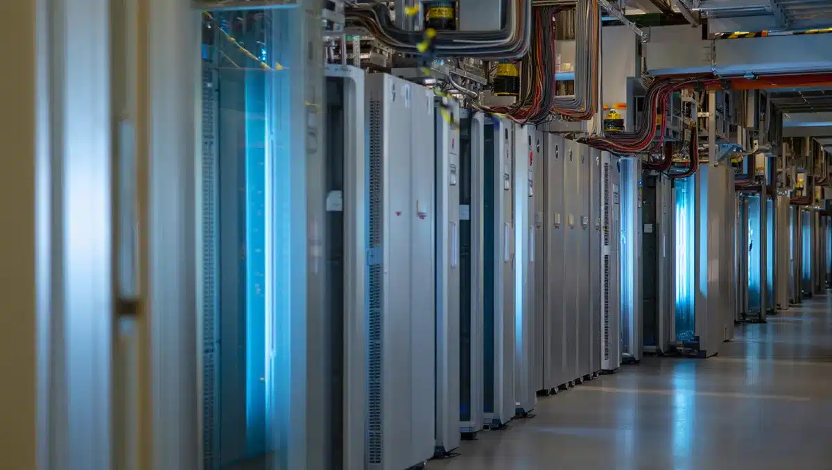 Semiconductor manufacturing facility interior with rows of computer servers and glowing blue lights, representing high-tech memory chip production | semiconductor manufacturing equipment