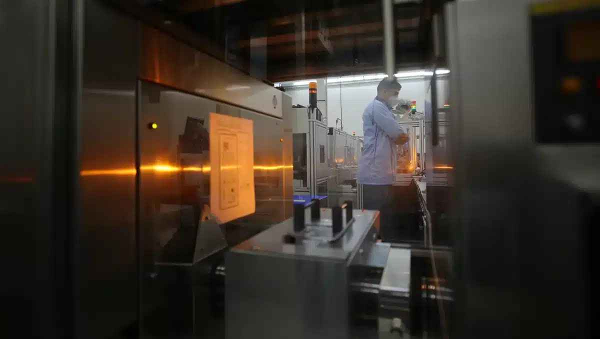 Semiconductor manufacturing equipment under harsh industrial lighting, precision machinery in a clean room setting, a single technician silhouette against glowing control panels | semiconductor manufacturing facility