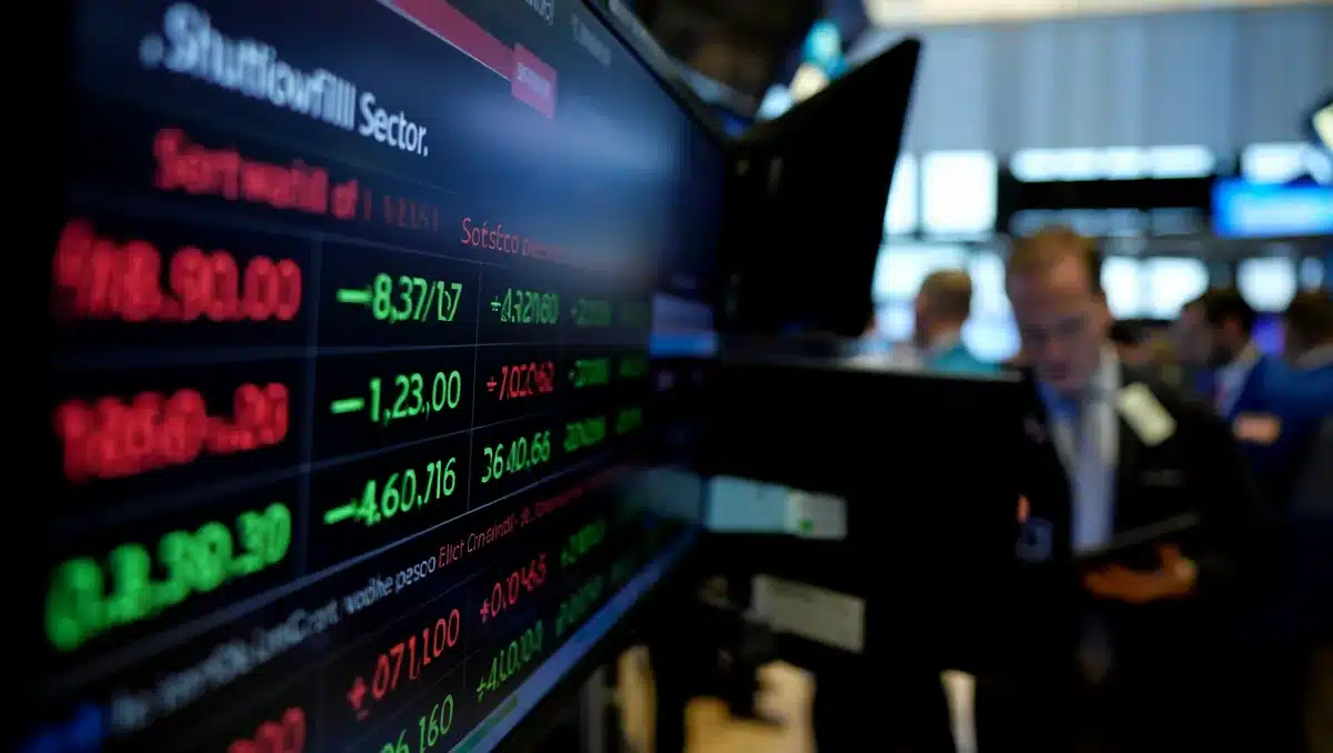 A stock market ticker display with red and green candlesticks showing volatile price movements, numbers streaming across a dark screen, representing semiconductor sector turbulence | memory stock market volatility