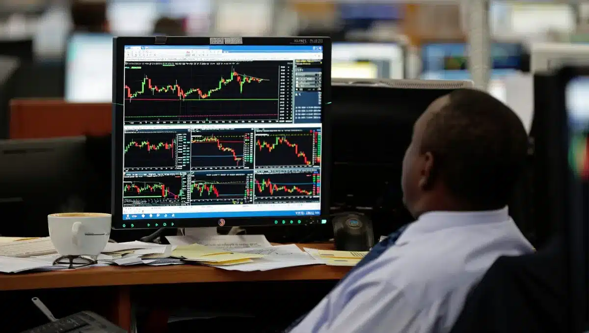 Stock market screen with candlestick charts and financial data | fintech earnings chart