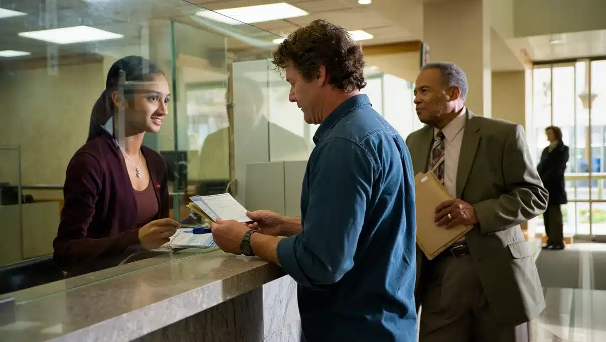 Bank branch interior with teller window and customers | fintech banking operations
