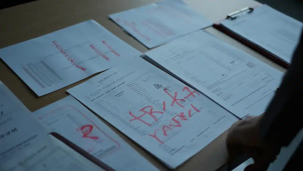 Financial documents and analyst reports spread on a desk with red-marked valuation figures and warning symbols, showing critical assessment of company value | analyst report valuation critique