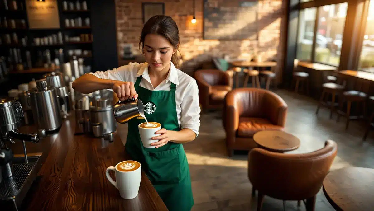 Starbucks barista in a remodeled coffeehouse with warm lighting and seating, preparing a handcrafted beverage | starbucks store interior renovation