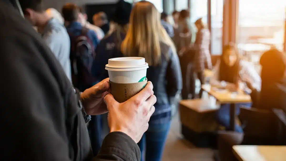 Crowded Starbucks location during peak hours with customers ordering and receiving beverages | busy coffee shop customer experience