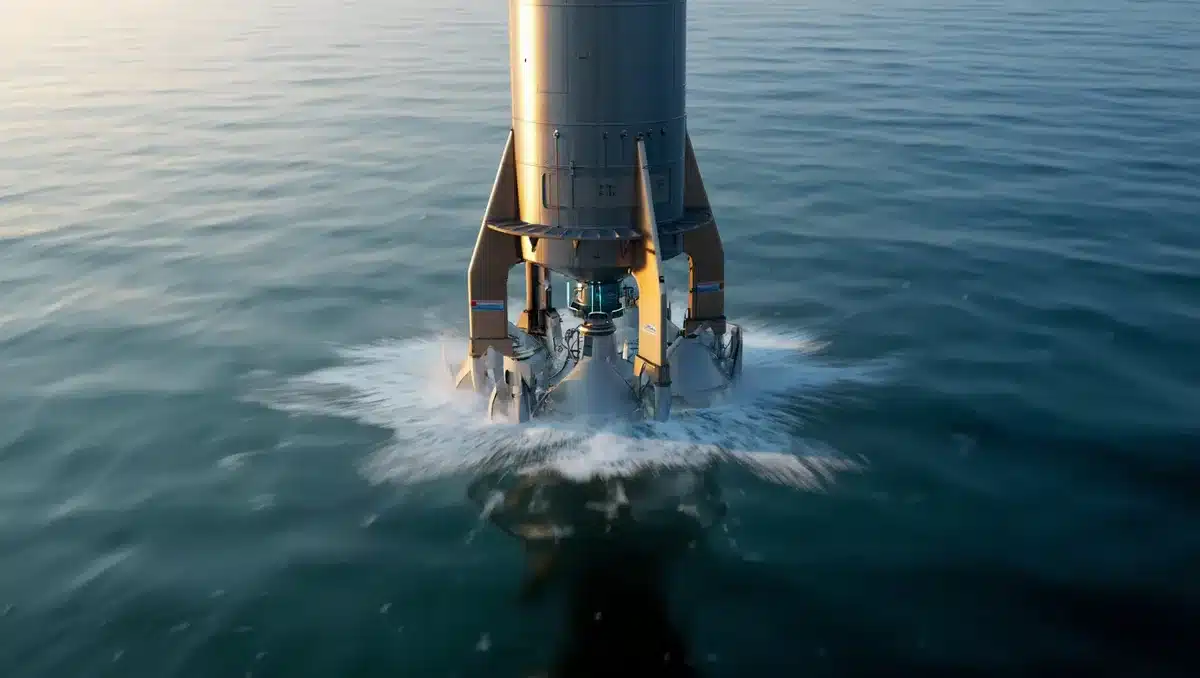 A massive reusable rocket booster descending toward calm ocean waters | rocket booster splashdown ocean