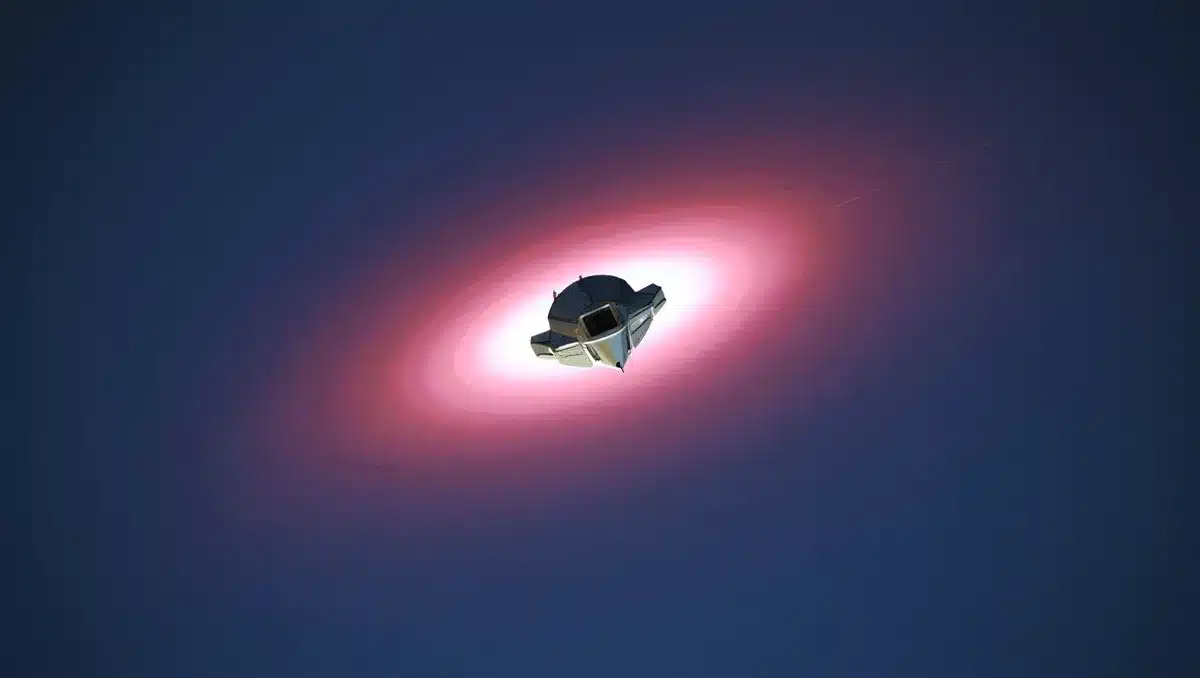 A sleek spacecraft descending through Earth's atmosphere with a glowing pink plasma halo | spacecraft reentry plasma