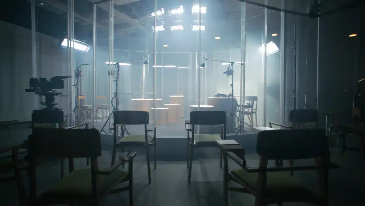 A modern glass-walled television studio set with multiple camera rigs, bright studio lighting, and empty chairs arranged in a semicircle facing a central pitch area, ready for entrepreneurs to present their business ideas &mdash; tension.