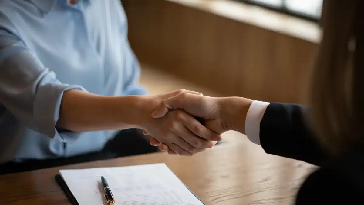 A close-up of a handshake between two business professionals across a polished wooden desk, with financial documents and a pen visible, symbolizing a deal being struck in a corporate setting &mdash; power.