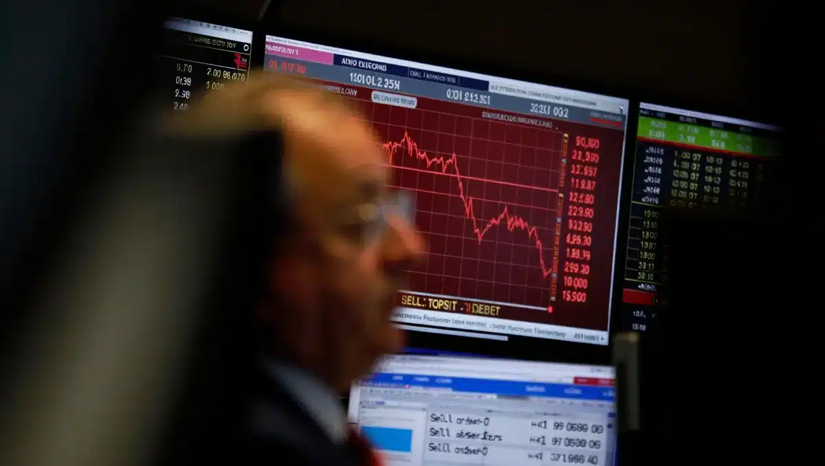 Oil price ticker display with red numbers declining, falling trend lines on dark screens, financial data scrolling, market depth showing sell orders | oil prices falling chart