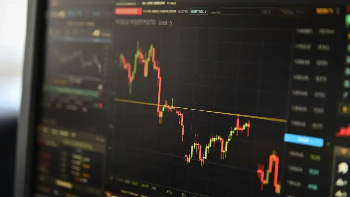 Downward trending stock chart displayed on a dark trading terminal screen, candlestick patterns in red decline, portfolio loss visible in numerical display | stock market decline chart