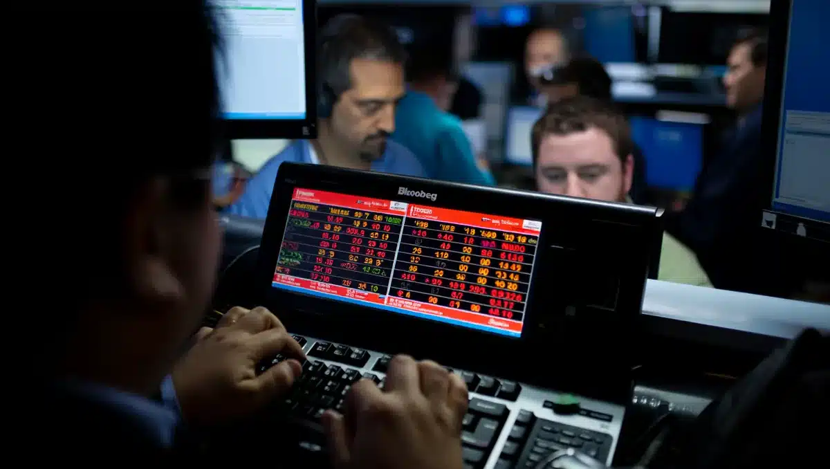 Bloomberg terminal showing major index tickers in red, traders' faces illuminated by screen glow, hands hovering over keyboards, market volatility reflected in focused expressions | stock market trading floor