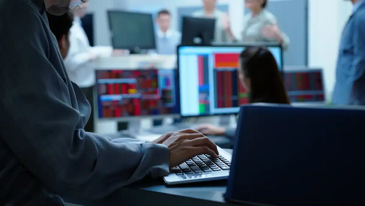 Stock market trading floor with red numeric displays showing market losses, traders at desks monitoring screens, financial data streaming across multiple monitors, tension and focus visible | stock market decline trading floor