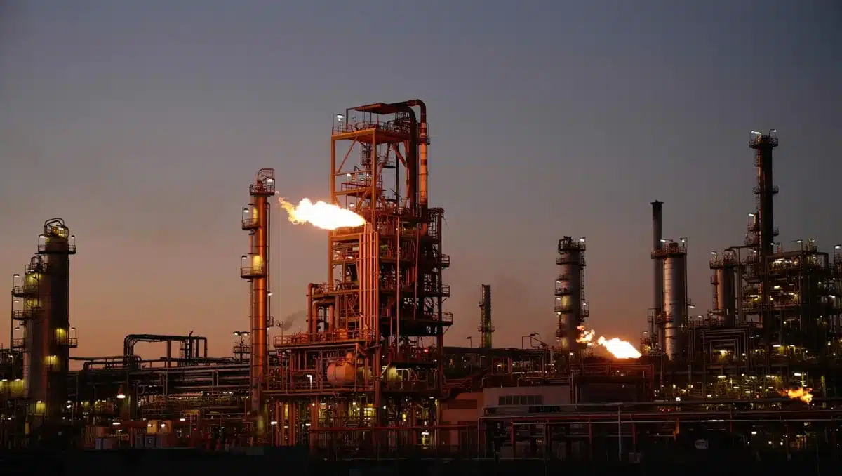 Oil refinery at dusk with illuminated structures and storage tanks, flames visible from processing units, industrial complexity against darkening sky | oil refinery infrastructure